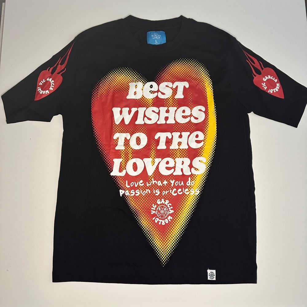 Vic Garcia World Shirt Mens Large Black Best Wishes Lovers Heart Flames Thick